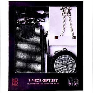 Crossbody Cell Purse 3 Pc Gift Set Rhinestone Black Bag + Accessories NEW In Box
